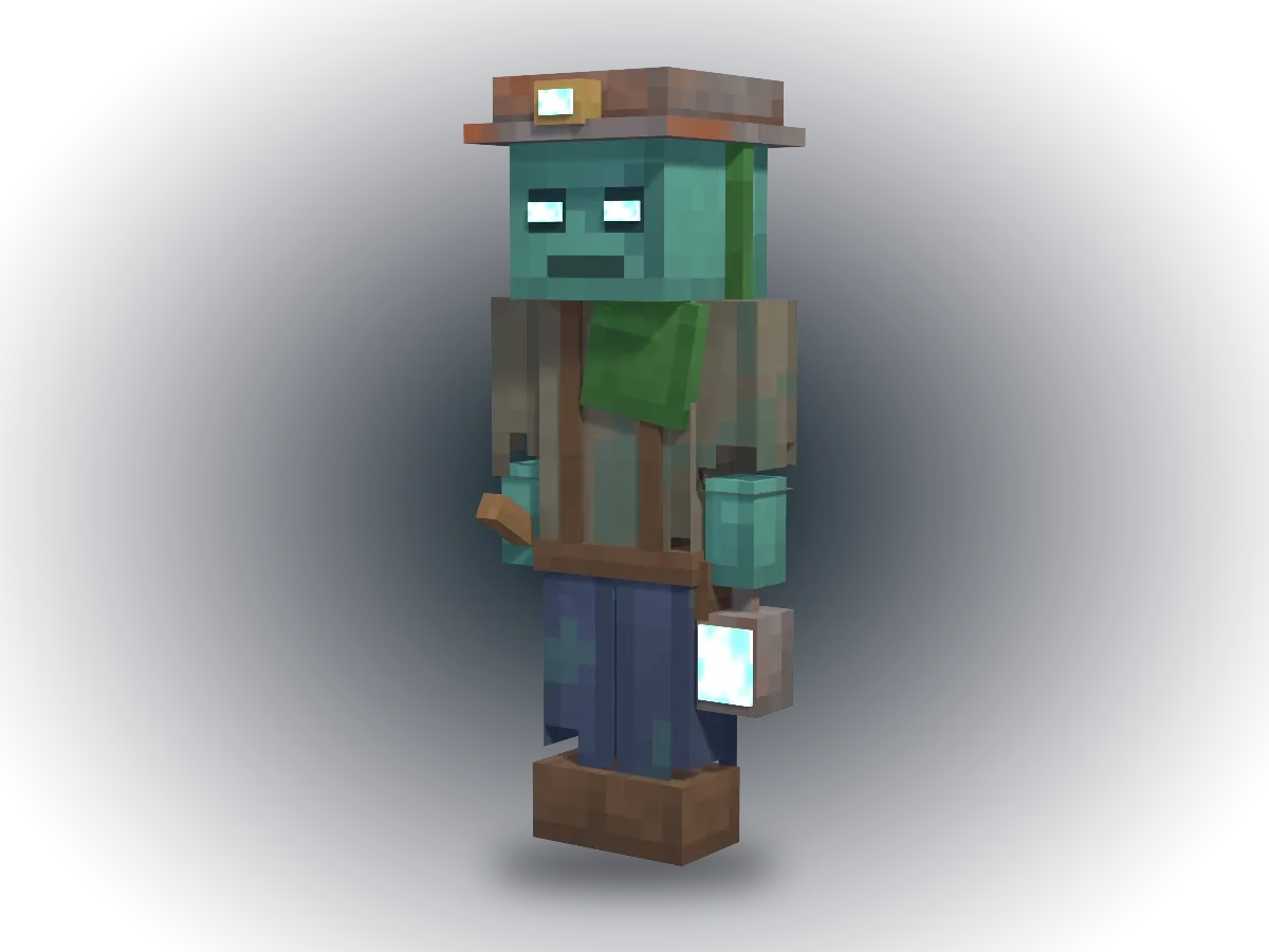 A Drowned Delver, a drowned miner with a pickaxe and lantern