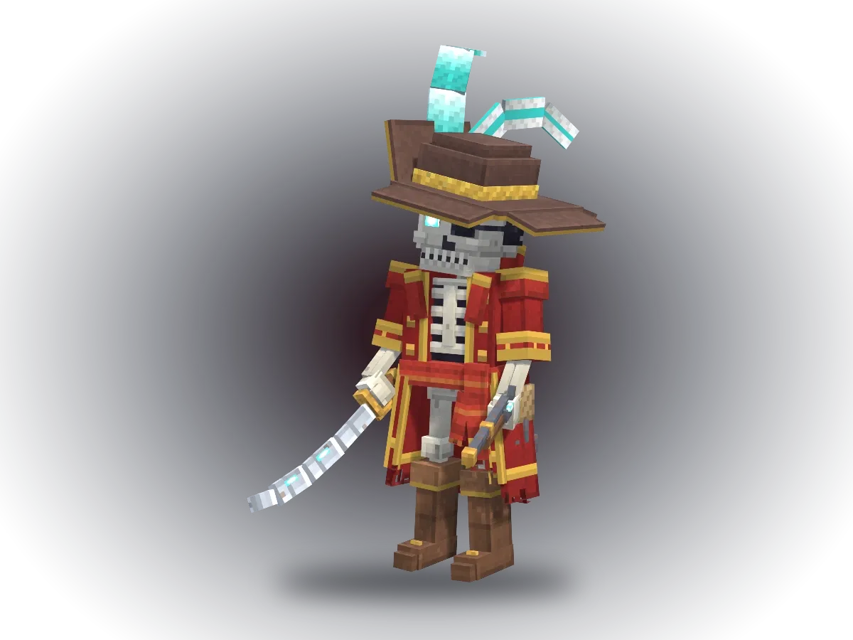 Eyepatch Bones, a skeleton pirate captain with a cutlass and pistol