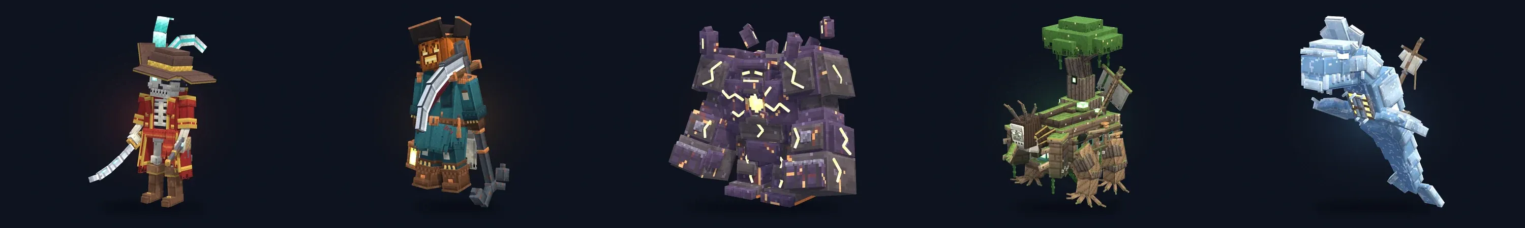 Five of the bosses: Eyepatch Bones, the Hollow Captain, the Cinder Colossus, the Wreckroot and Rimeback