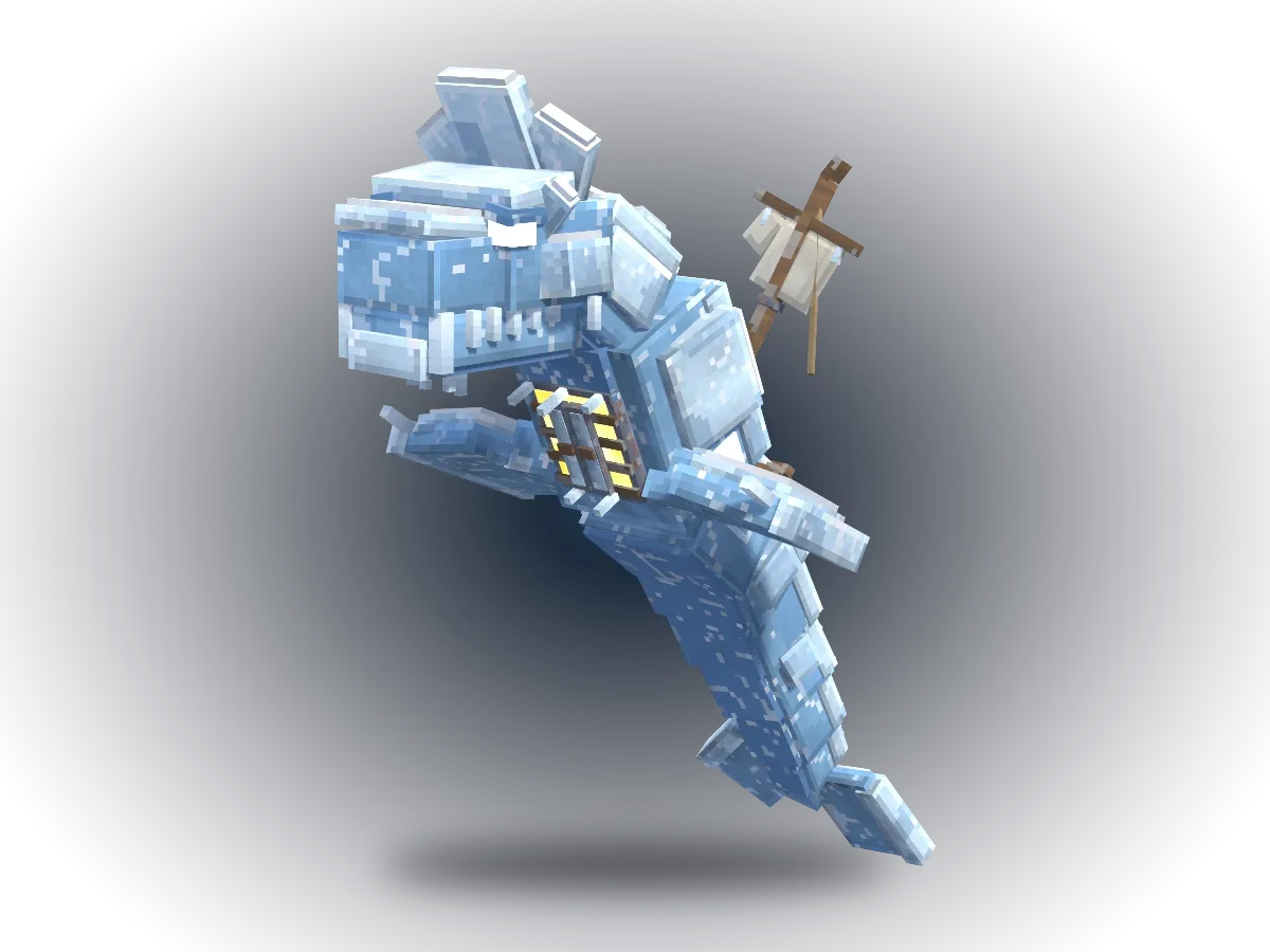 Rimeback, the frost whale with the Kestrel's mast frozen into its back and the Hearth glowing in its chest