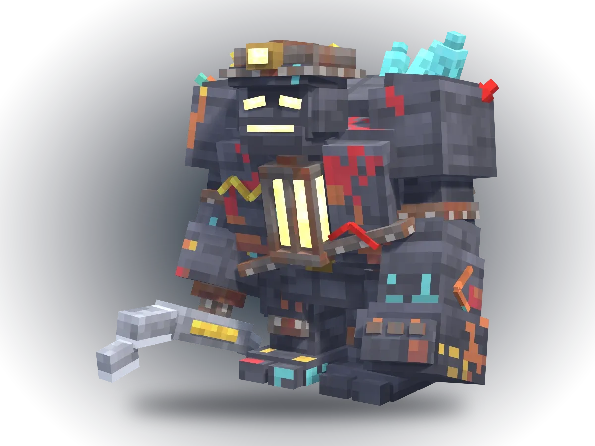 The Vein Warden, a hulking rock miner with a pickaxe and a lantern in its chest