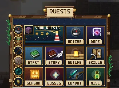 The Quests menu and its categories