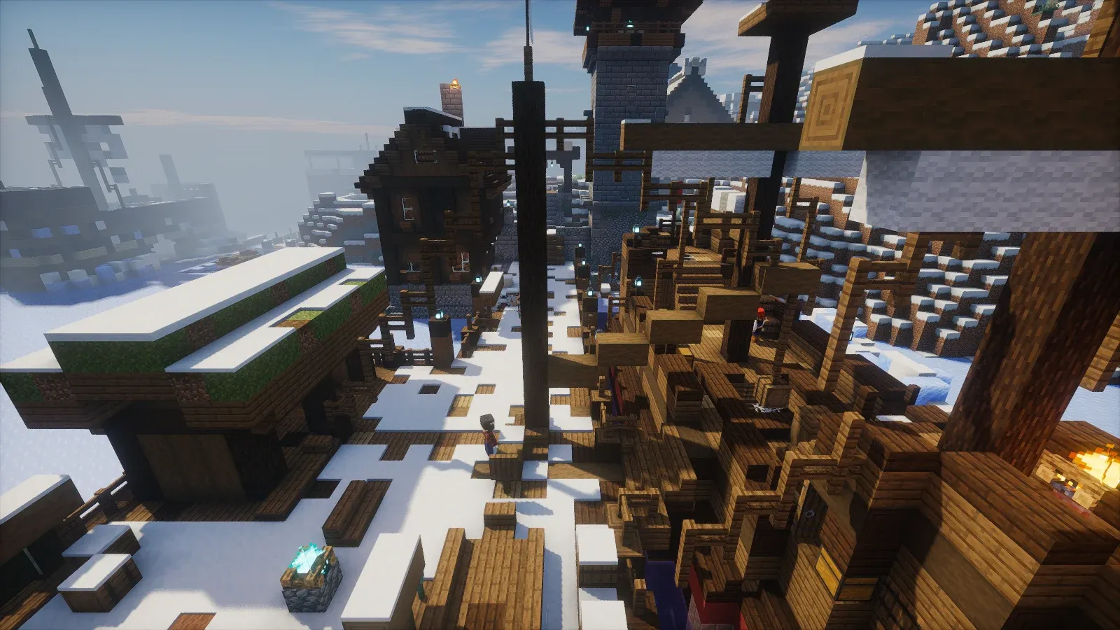 Frostmere, the snowy harbor town, seen from above